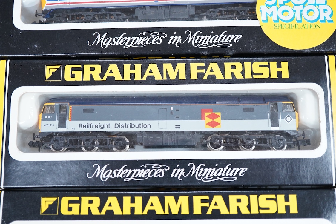 Four boxed Graham Farish N gauge railway Class 47 diesel locomotives; a Waterman Railways Heritage Class, Lady Godiva 47 710 (8022), a Network SouthEast, 47 598 (8024), a Rail Express, 47 594 (8025) and a Railfreight Dis